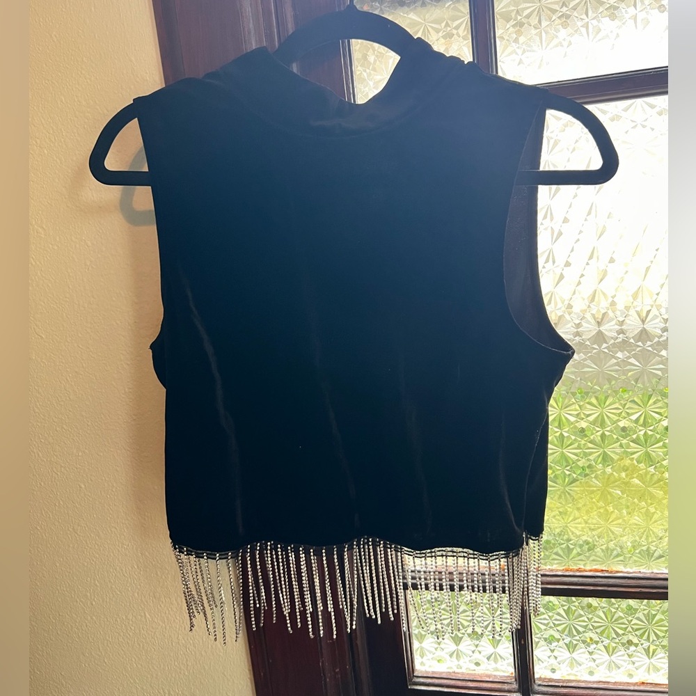 Skies Are Blue Black Velvet Sleeveless Crop Top with Rhinestone Fringe